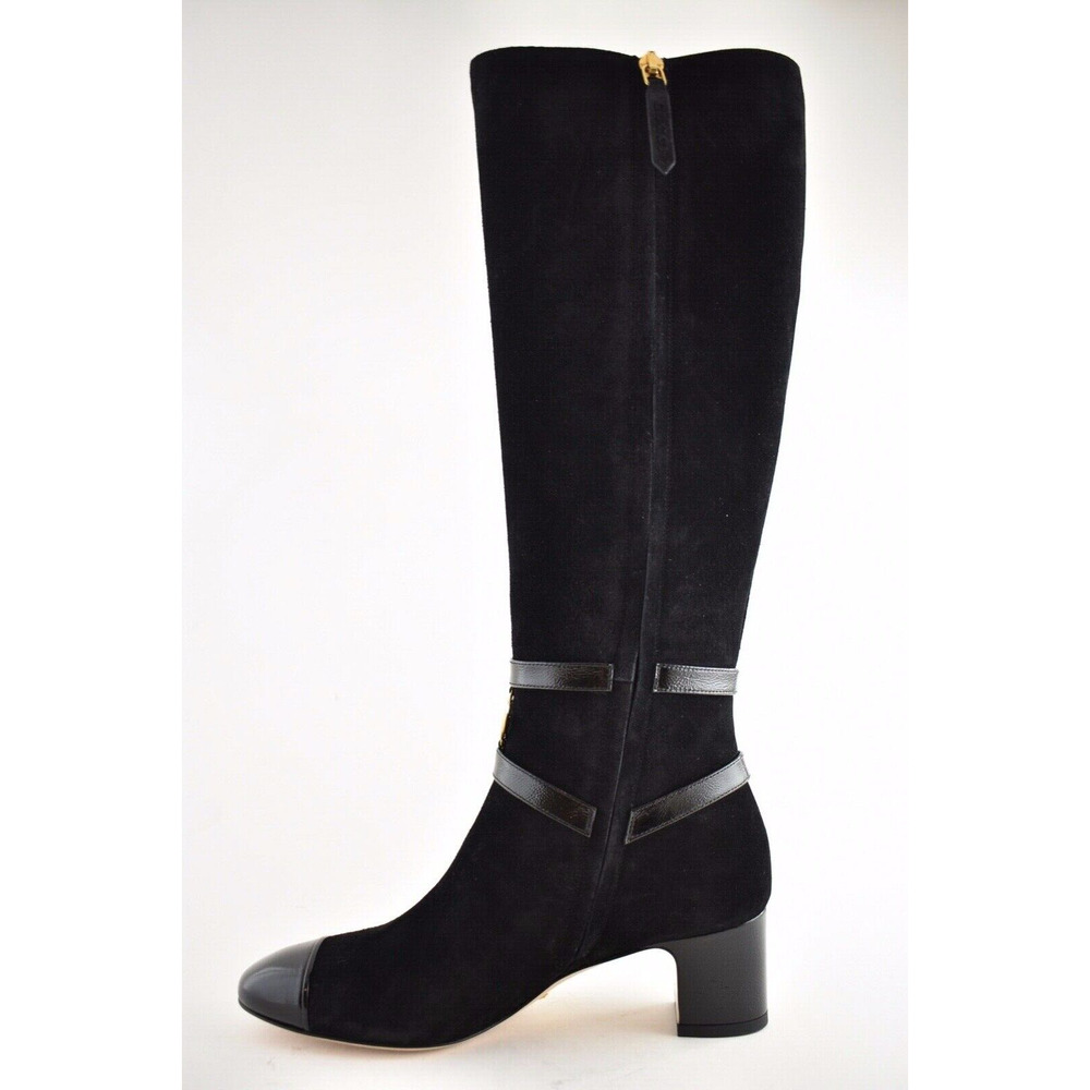 Gucci Geraldine 55 Black Suede Patent GG Gold Logo Low Heel Knee High Boot 35 - Picture 9 of 12